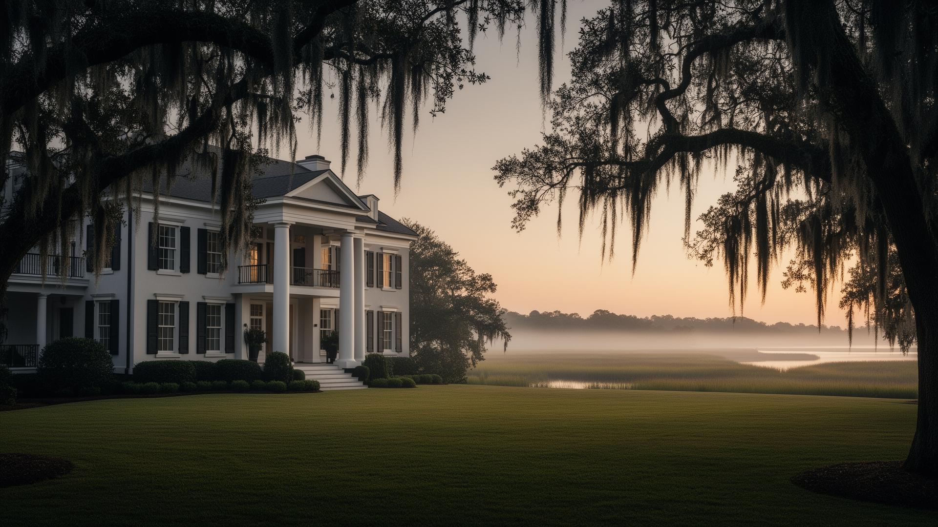 Live oaks draped in Spanish moss framing a coastal Georgia estate at dusk